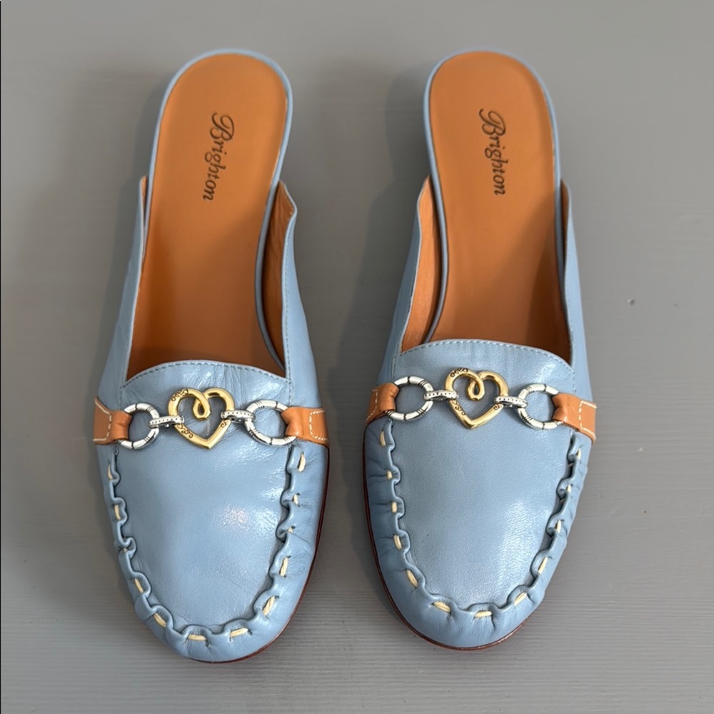 Brighton Blue and Tan Ella Leather Mules with Gold and Silver Chain Detail